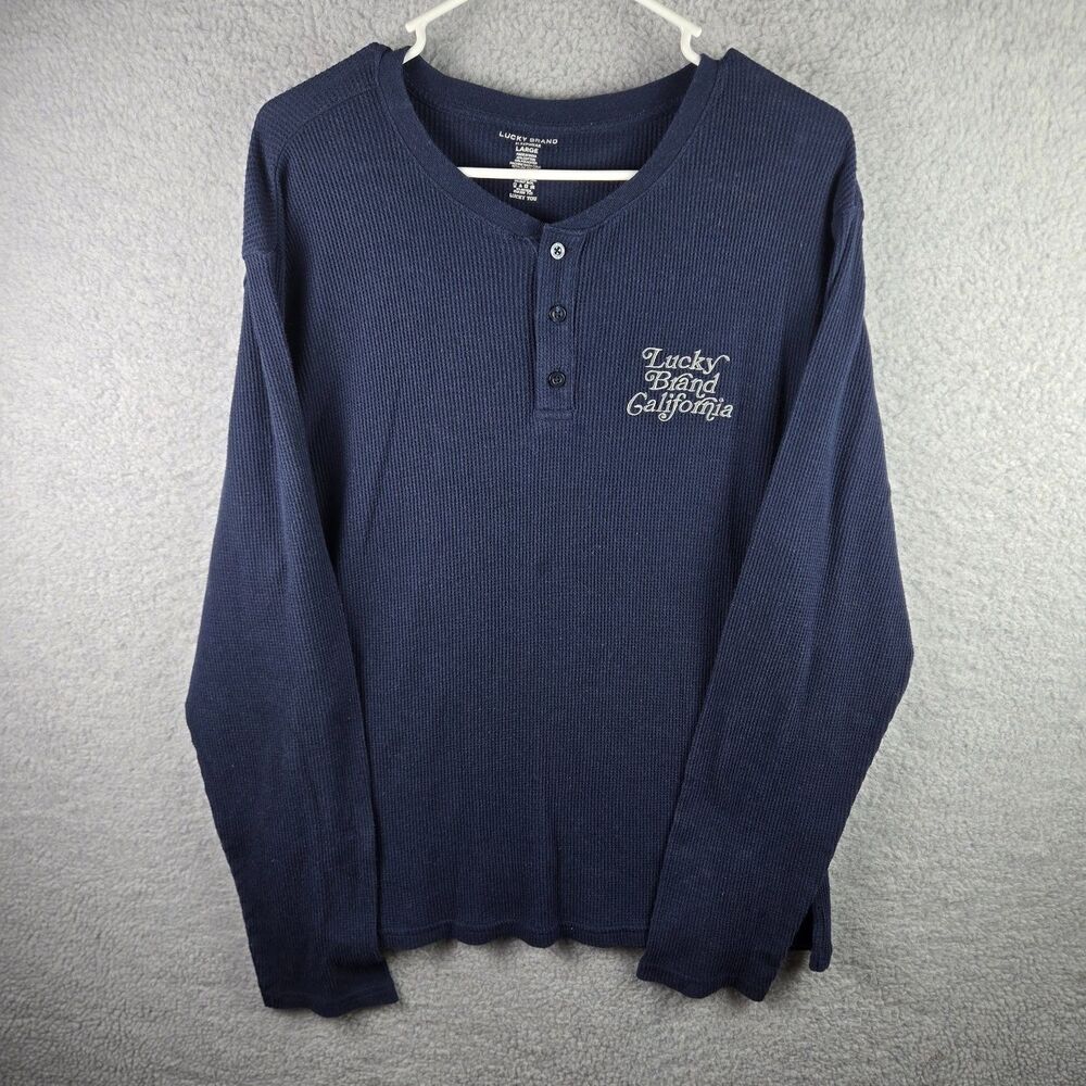 Lucky Brand California Thermal Henley Shirt Mens L Navy Blue Long Sleeve